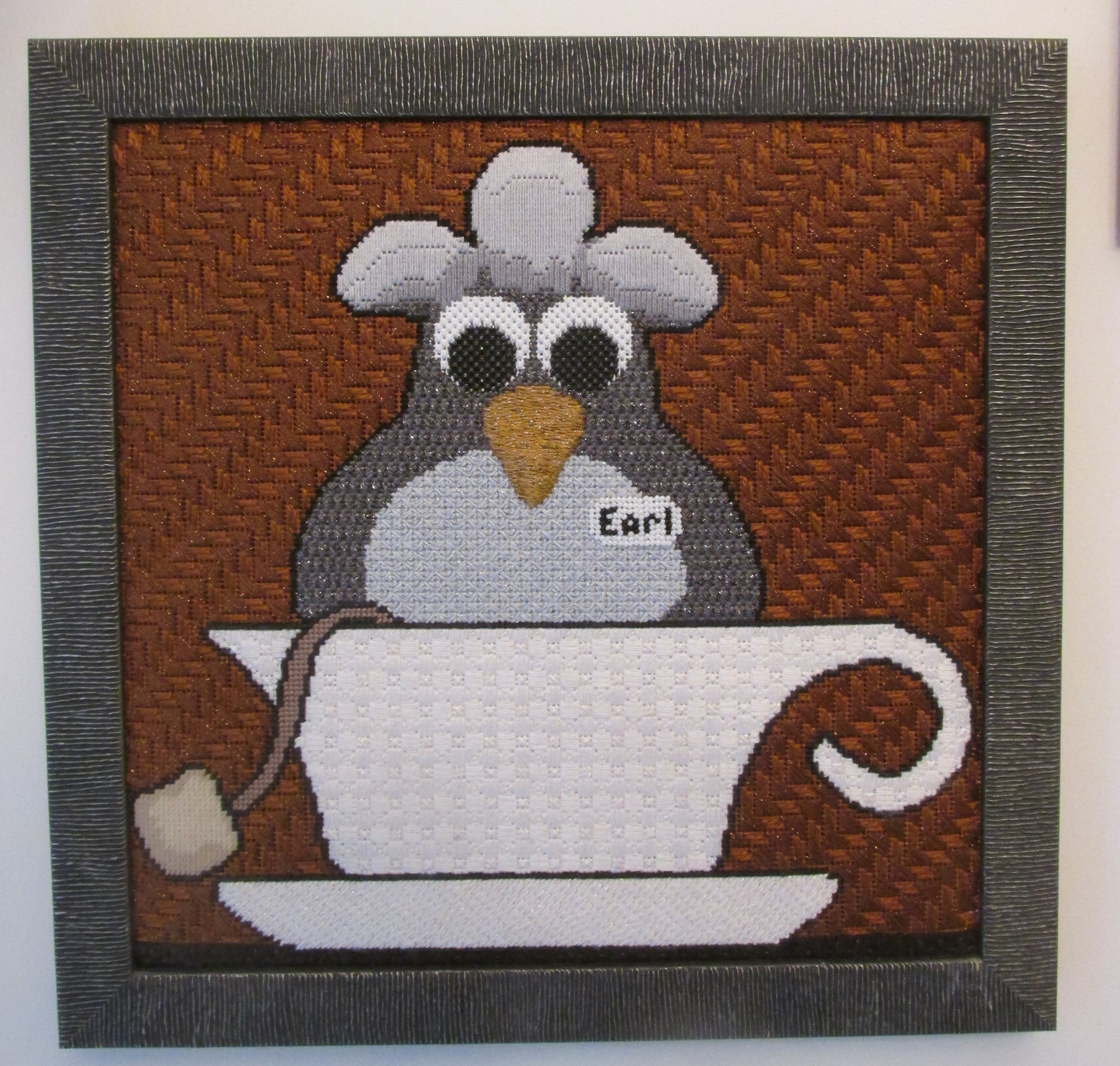 Framed Needlepoint with Bird Earl Grey tea